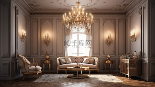 别致而优雅的 3d 渲染豪华客厅，配有华丽的枝形吊灯和时尚的装饰
