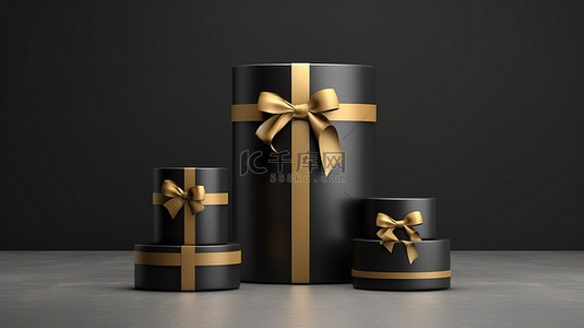 大礼品盒背景图片_黑色星期五圆柱形讲台展示和带有金丝带蝴蝶结的礼品盒的 3D 渲染