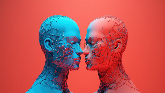 充满活力的红色背景中的人工智能两个蓝色头