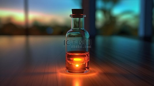 玻璃瓶背光背景图片_玻璃瓶和安瓿的照明 3D 渲染在桌子上投射背光光芒