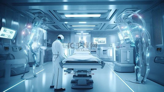 机器人医生和男性机器人在医院手术室 3D 渲染中合作