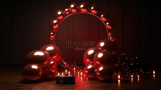 豪华礼品背景与气球 LED 环形灯和 3D 渲染中闪闪发光的星星