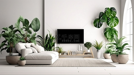 精致简约背景图片_精致简约的简约客厅，配有郁郁葱葱的绿色植物和高科技电视