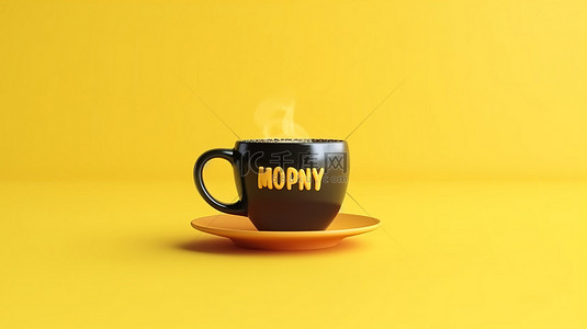 拿铁茶背景图片_星期一动机充满活力的黄色背景与 3D 渲染的黑咖啡杯象征着明亮而愉快的早晨