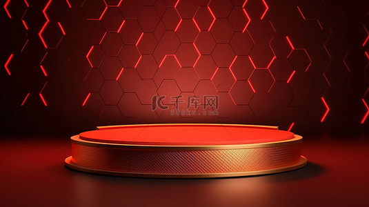 豪华金色蜂窝支架模板，抽象背景上带有浅红色 3D 产品展示台