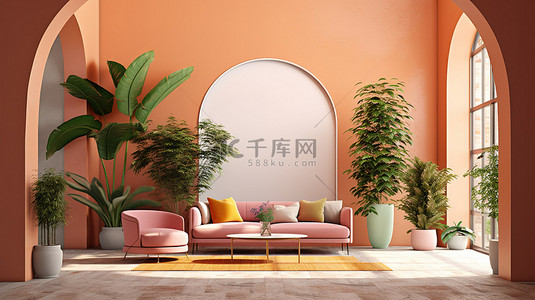 充满活力的室内空间，设有拱形建筑豪华沙发时尚扶手椅水磨石地板和郁郁葱葱的绿色植物 3D 渲染插图