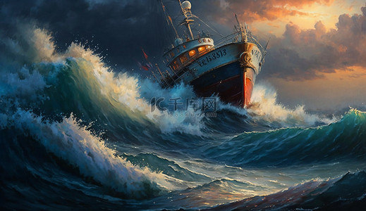 大海船海浪油画背景