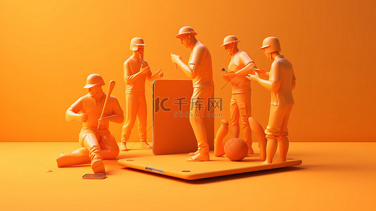 板球运动员配有比赛装备和智能手机，在光滑的柔和橙色背景下提供 3D 插图