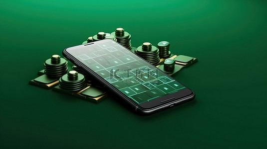 绿色背景下在线赌场赌博的 3D 渲染，芯片对齐，手机屏幕空