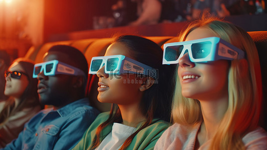 快乐的朋友戴着眼镜在家享受 3D 电影之夜