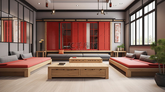 休息区温馨提示背景图片_室内场景 3D 渲染现代休息区，配有灰色沙发床红色桌子和大胆的橱柜