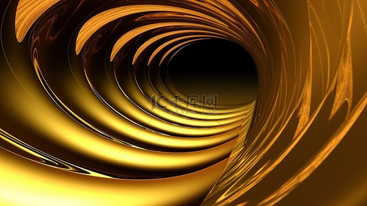 七彩背景图片_抽象隧道中扭曲的金色带子的 3D 插图