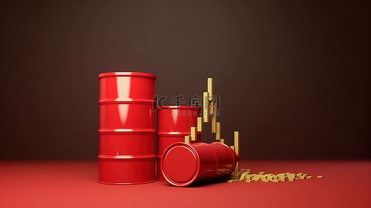 燃油泵喷嘴油桶的卡通风格 3D 插图和上升图象征着随着现金堆栈增加商品油股票价格