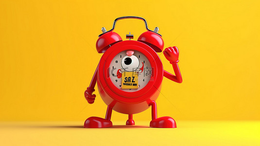 一个人物吉祥物的 3D 渲染，该吉祥物拿着一个闹钟，黄色背景上有红色禁止标志