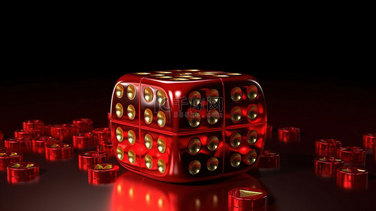 带有赌场背景和剪切路径的 3D 渲染中的赌博主题红色骰子和皇冠