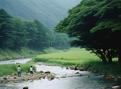 山上有座庙背景图片_两个人在山上的小溪里钓鱼