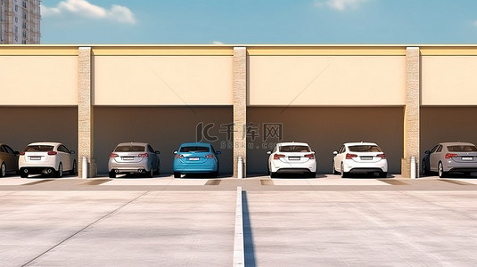 室外停车场的 3D 插图，前视图中停放着一排排汽车