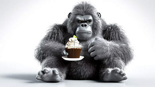 有趣的 3D 大猩猩抓着纸杯蛋糕