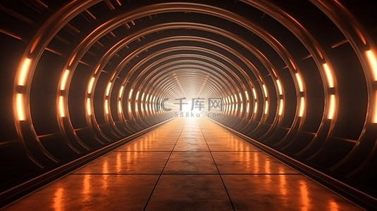 照明隧道，墙壁上排列着灯管，末端有明亮的灯光 3D 渲染图像
