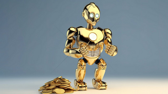 金色机器人背景图片_带有一堆金币的 android 机器人的 3d 渲染