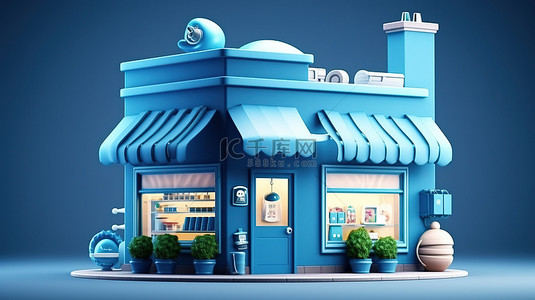 商店的建筑背景图片_充满活力的蓝色商店的卡通风格 3D 渲染