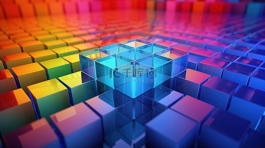 彩虹背景与透明方形 3d 插图立方体集