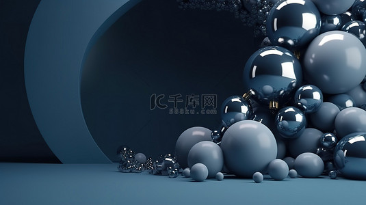 简约的新年圣诞主题 3d 渲染球横幅在蓝色背景与框架渲染