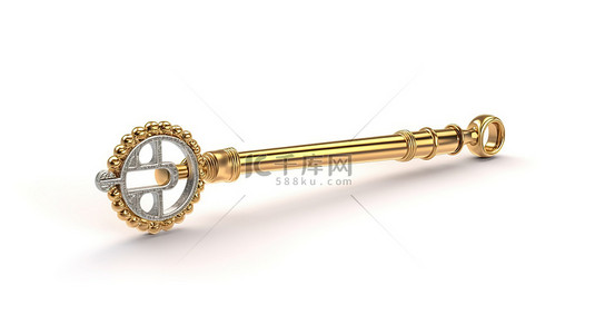 古代田园风光背景图片_白色背景 3D 渲染中时钟和玩具的老式金属发条钥匙