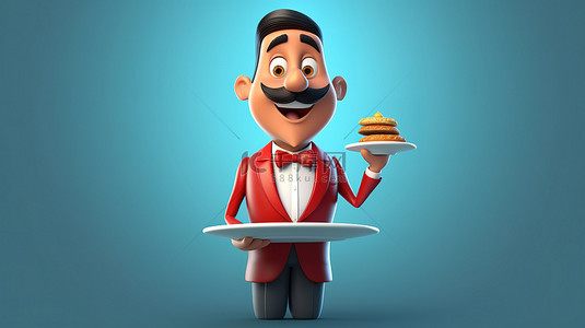 服务员服务员背景图片_卡通服务员邀请客人的 3d 插图
