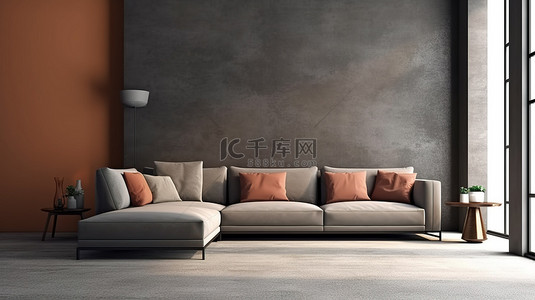 现代客厅配有宽敞的角沙发和裸墙 3D 渲染图像