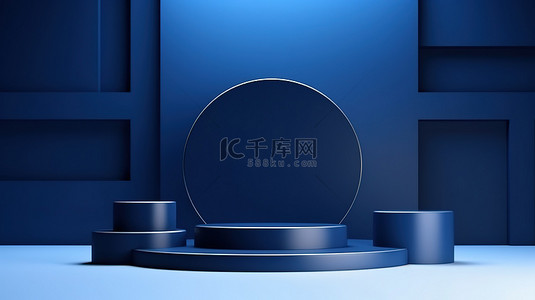 蓝色表格背景图片_用于广告柜台展示的高架海军蓝色平台，带有空白背景 3D 渲染