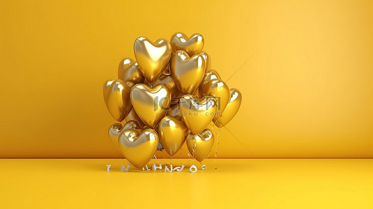 金色心形气球的 3D 渲染，在充满活力的黄色混凝土背景水平横幅上庆祝新年
