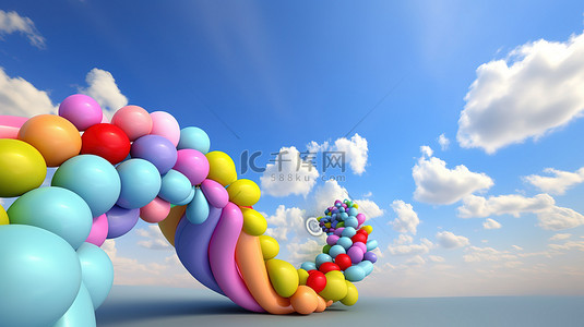 充满活力的气球异想天开的云彩和彩虹螺旋在蓝天的 3d 柔和渲染中