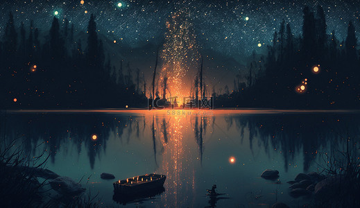 夏夜森林湖水背景