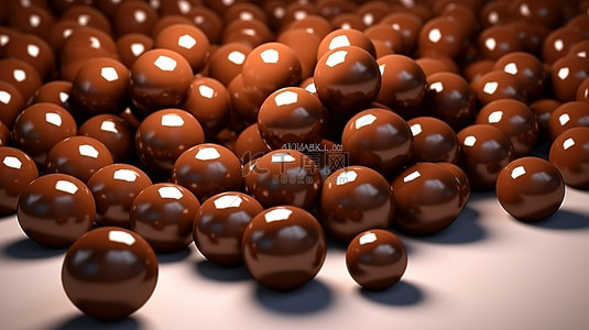 巧克力涂层豆和棕色糖果球的 3D 插图