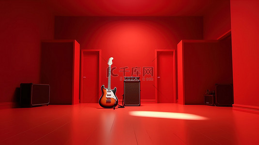 红色房间背景图片_空荡荡的红色房间中的吉他和音响系统 3D 渲染