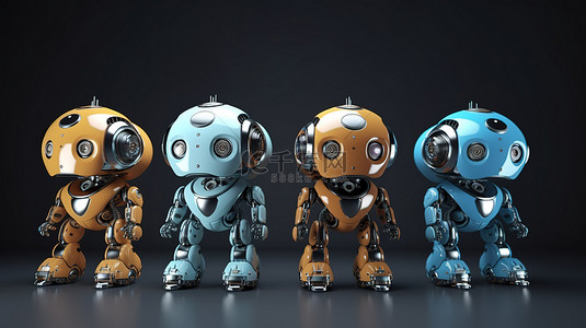 工厂机器人背景图片_可爱的卡通人物让一群人工智能机器人的 3D 渲染栩栩如生