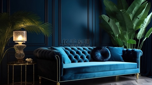 豪华深蓝色室内客厅，配有优雅的蓝色沙发 3D 渲染设计
