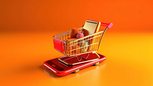 购物篮子背景图片_手机购物袋和篮子网上购物的 3D 渲染