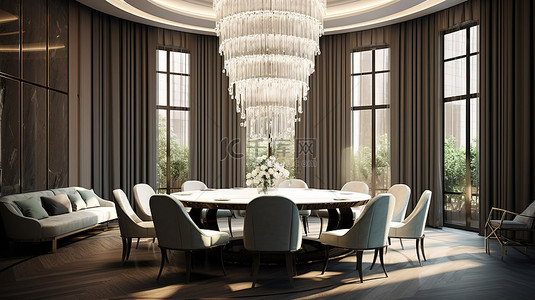 优雅的现代用餐区，配有宽敞的桌子和舒适的座椅，装饰着 3D 渲染的耀眼水晶吊灯