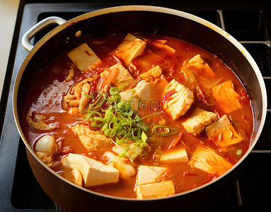 豆腐砂锅背景图片_一锅鸡肉和豆腐炖菜准备煮