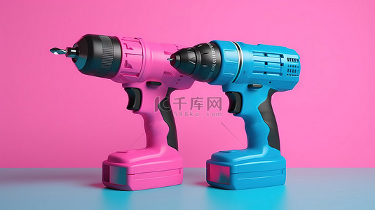 粉红色背景 3D 渲染上的双色调风格可充电和无绳蓝色钻头
