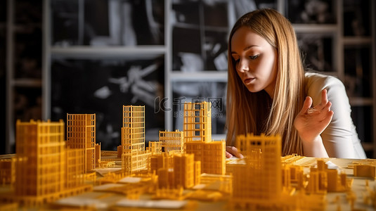建筑设计白人妇女在 3D 建筑模型中检查蓝图