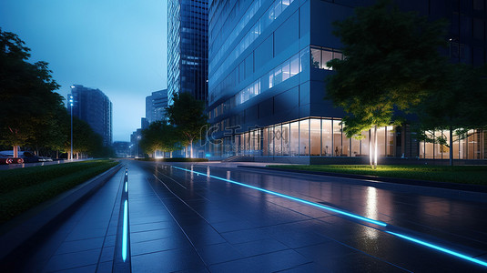 城市办公背景图片_荒凉走道和现代办公大楼的夜间 3D 渲染