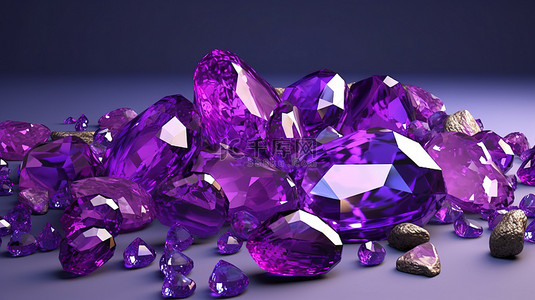 紫水晶背景图片_各种形状的紫水晶彩色宝石的 3d 渲染