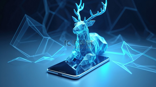 圣诞节手机背景图片_3D 驯鹿圣诞节概念在智能手机上呈现为蓝色