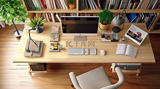 现代木桌的 3D 渲染，配有 PC 电脑和文具，从上方创建完美的现代家庭办公空间