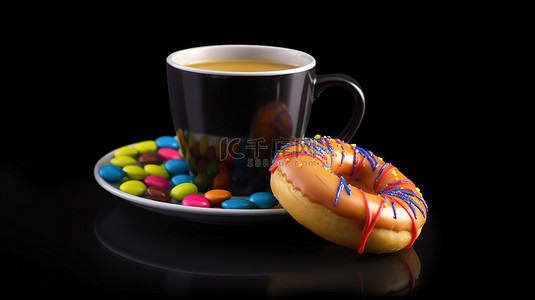 充满活力的咖啡和甜甜圈二重奏，在 3D 渲染的时尚黑色背景上