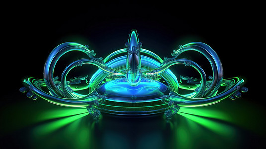 具有未来主义氛围的绿色和蓝色霓虹灯装饰品的 3D 插图
