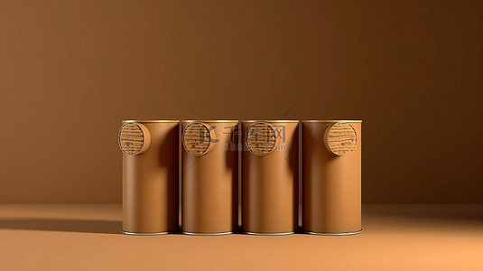 三个棕色牛皮纸套筒零食管和 3D 渲染的锡罐的模型